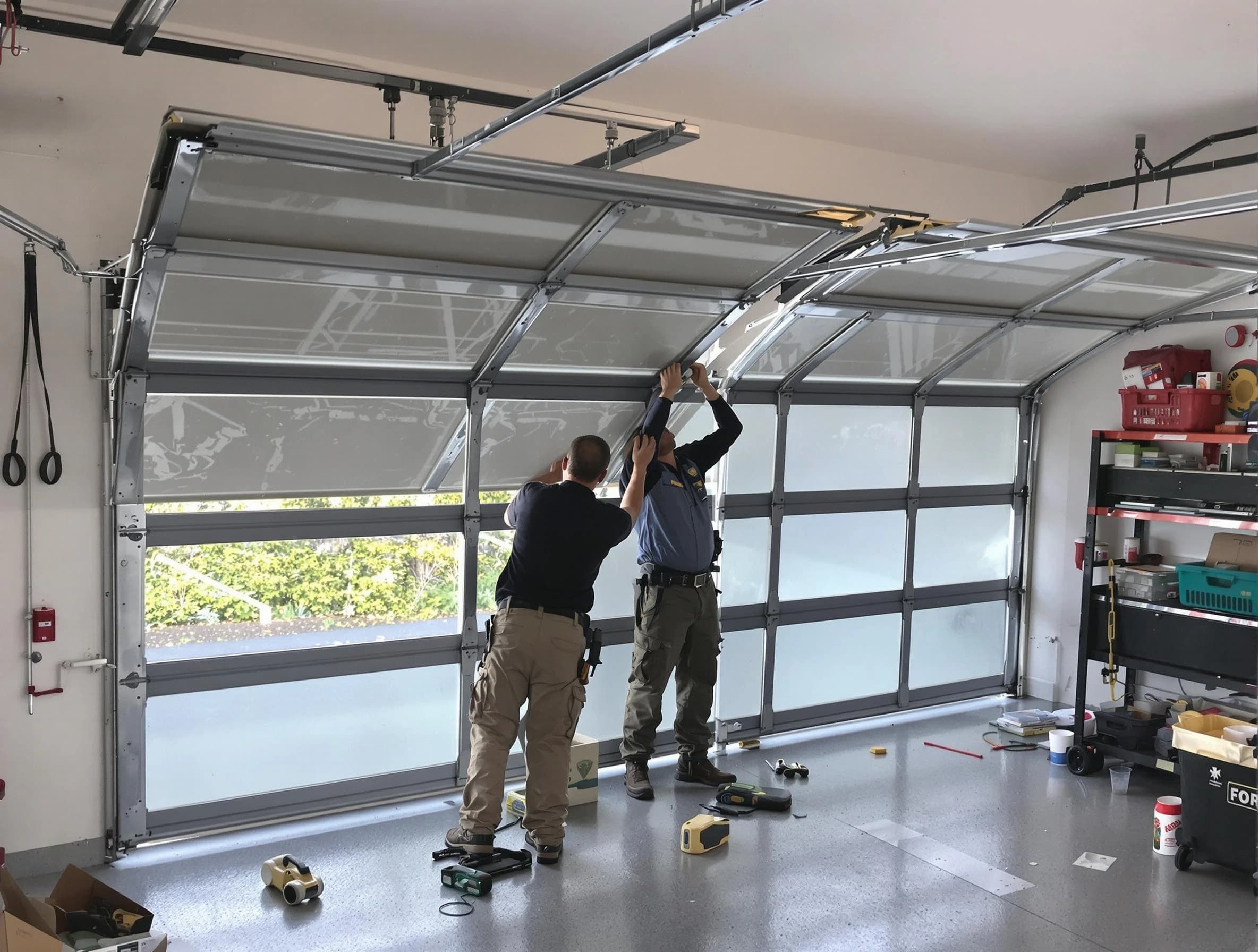 Decatur Garage Door Repair expert performing precise panel replacement on Decatur garage door