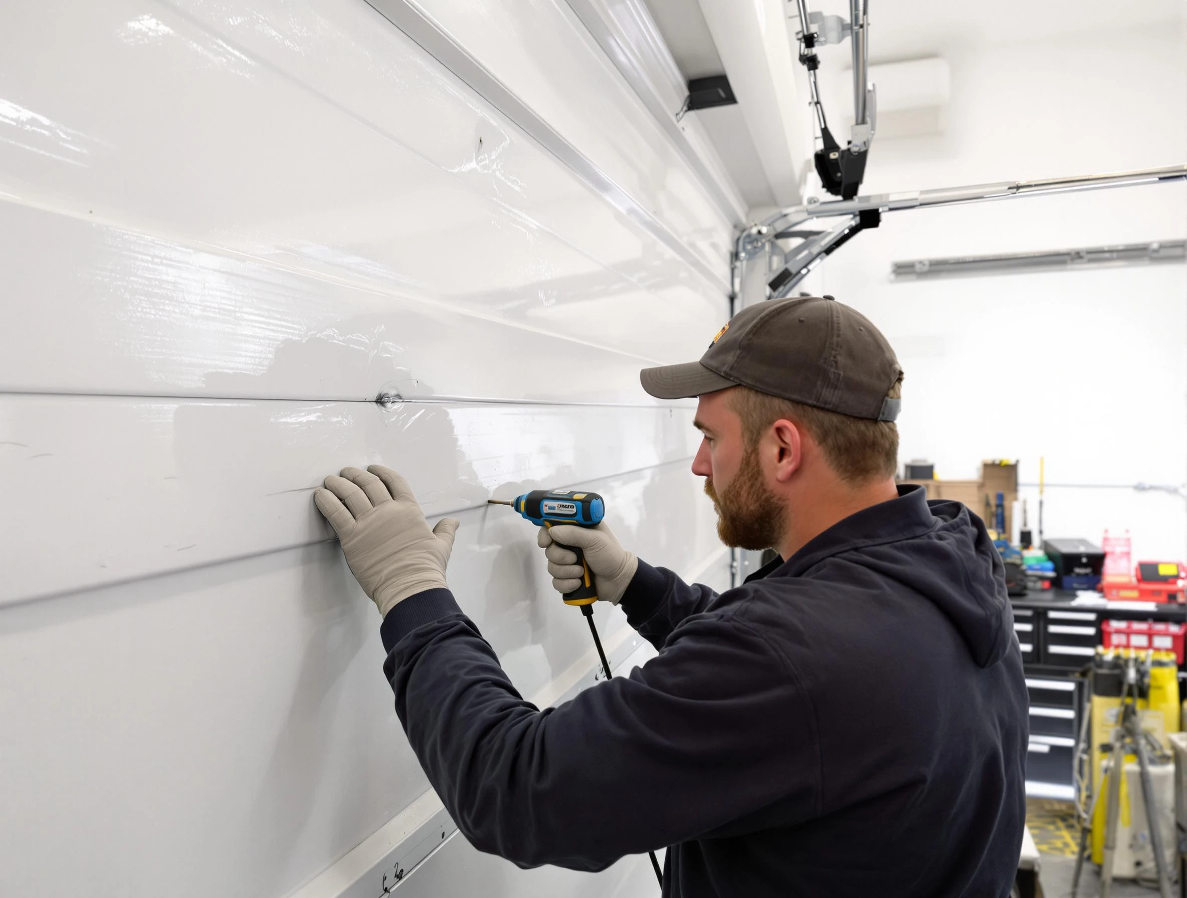 Decatur Garage Door Repair technician demonstrating precision dent removal techniques on a Decatur garage door