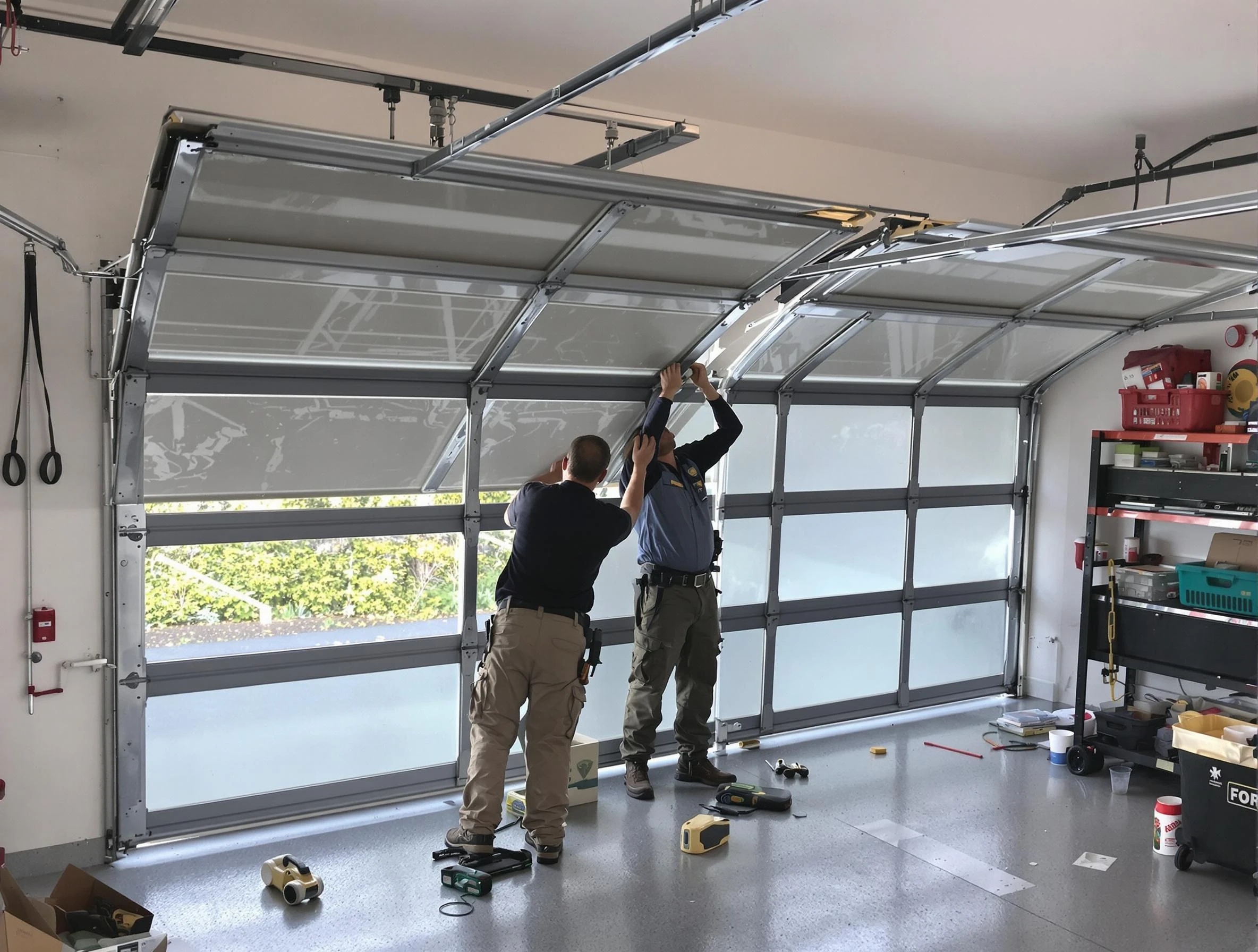 Decatur Garage Door Repair expert performing precise panel replacement on Decatur garage door